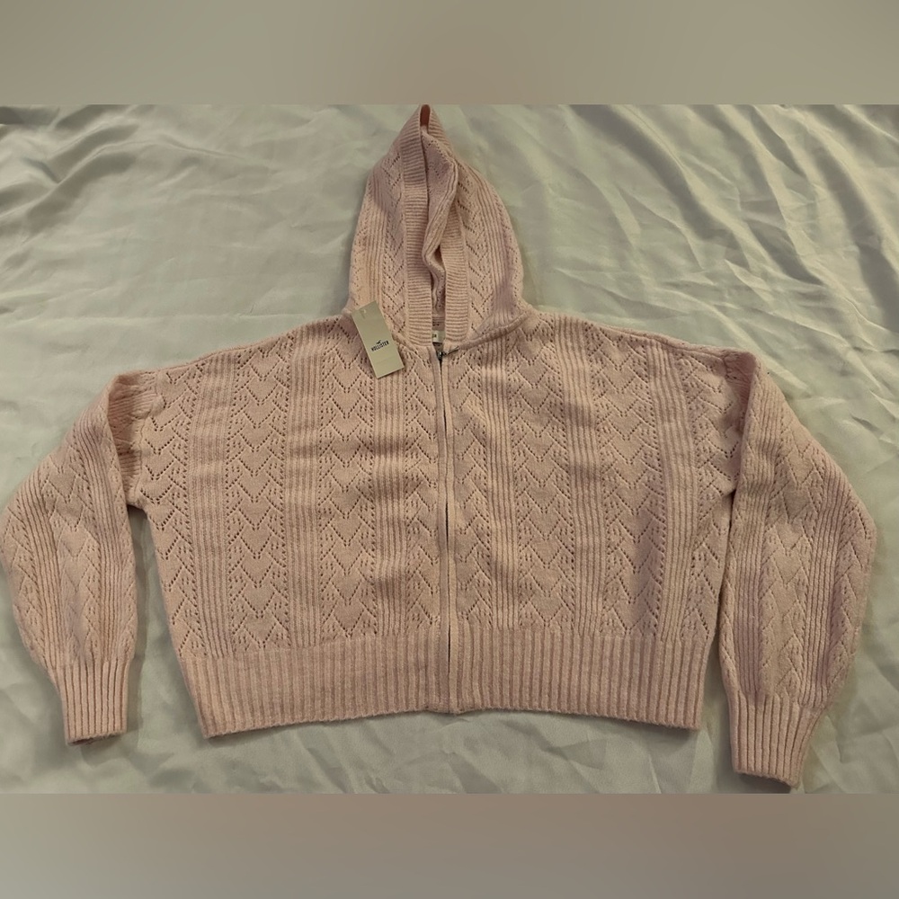 Hollister cable knit zip up sweater medium light pink NWT